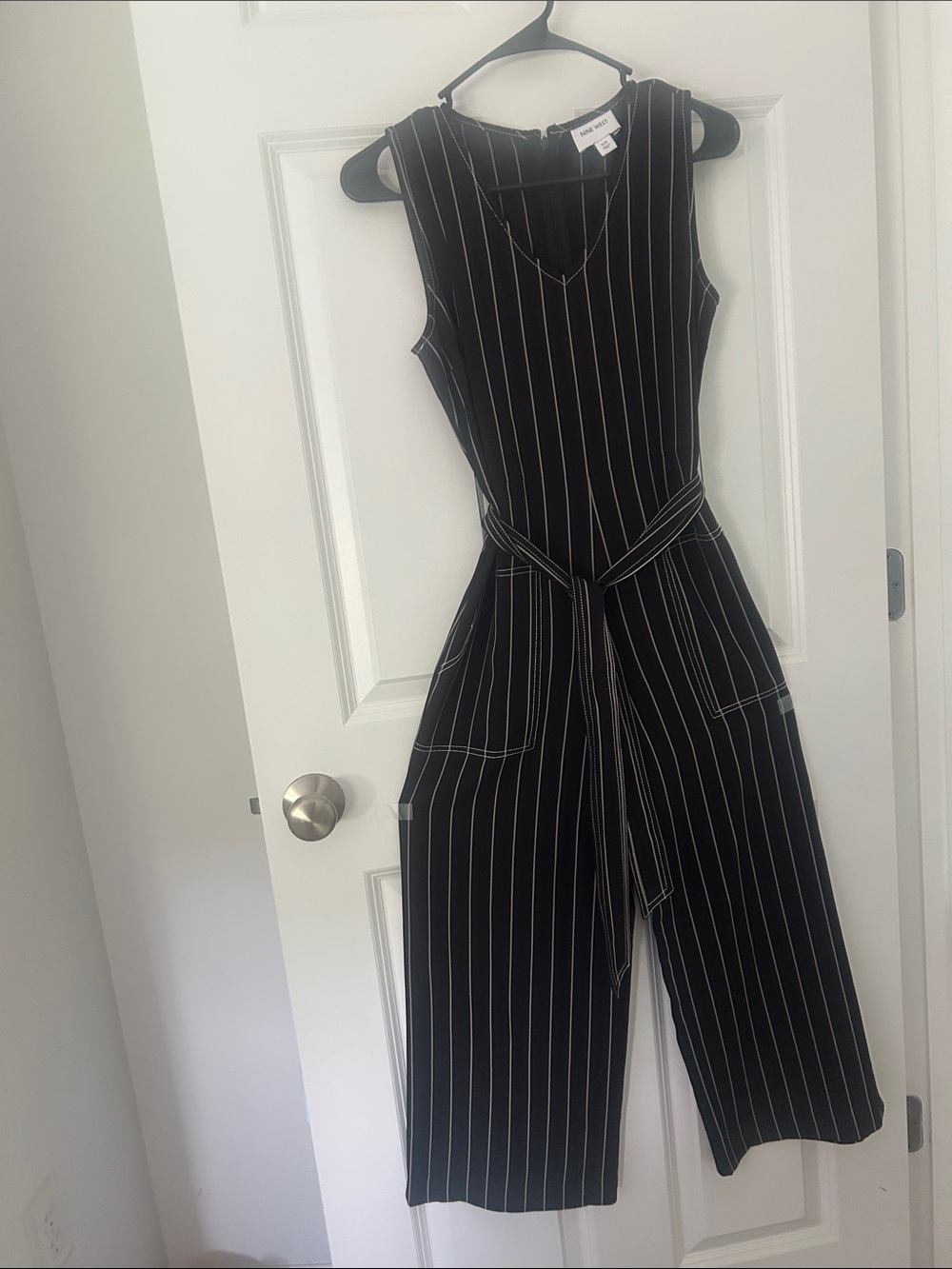 Nine West Black Pinstripe Sleeveless Jumpsuit with Waist Tie